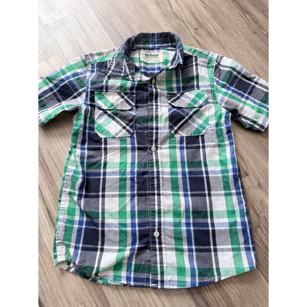 Urban Pipeline Boys Medium Plaid Short Sleeve Button Down Shirt Green Navy White